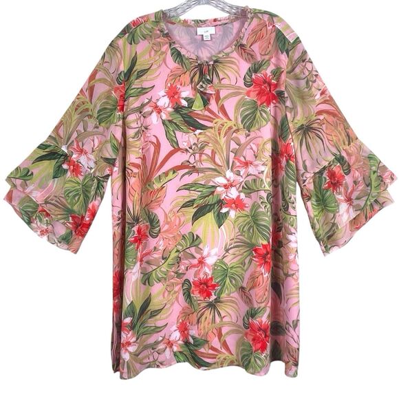 J.Jill Seashell Paradise Found Floral Tunic Top Dress Size 2X Bell Sleeve Pink - Picture 2 of 16